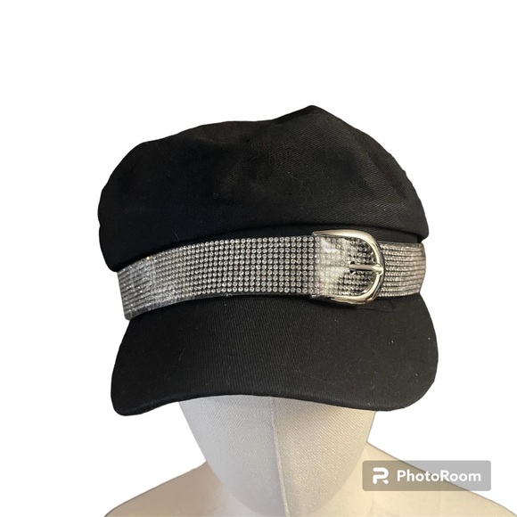 Bling Biker Hat Jeweled Buckle Black Cotton Pageboy Style - Picture 1 of 6